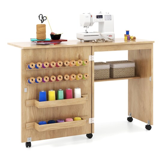Slickblue; Space-Saving Folding Sewing Table Rolling Craft Station with Storage Pegs and Compartments; Category:Sewing Tables & Furniture; Image:1